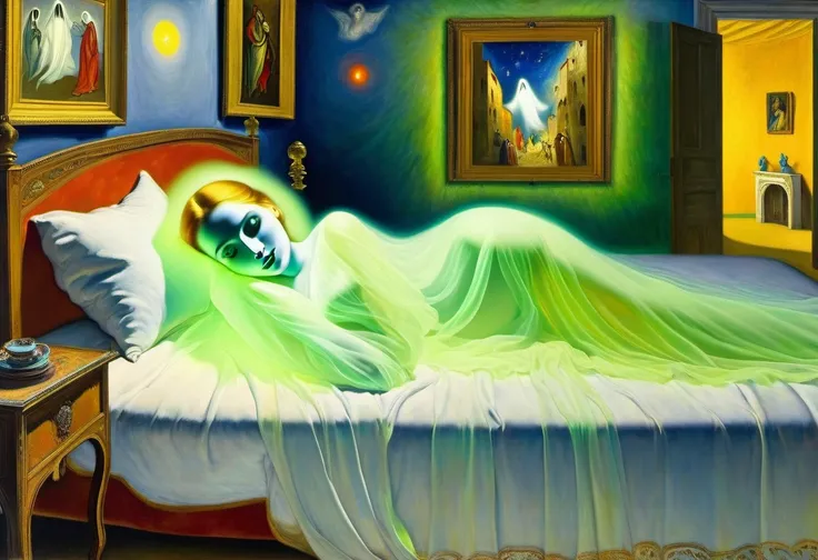 best oil quality:2 ([glowing ghost: the girls body is lying on the bed, next to it is a luminous shining soul (in the style of Raphael Santi + El Greco)):20:[extravagant background: [bedroom interior], (avant-garde naive art by Marc Chagall)], protogenes,(...