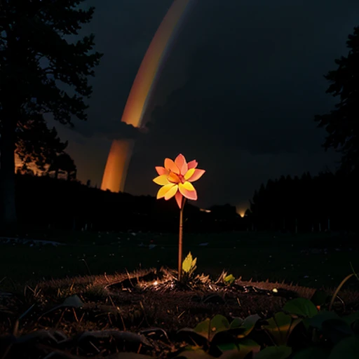 dark hilltop, (glowing flower on ground), neon glow, flower shining brightly, rainbow light from flower, nighttime, dark sky, dark trees, dark background