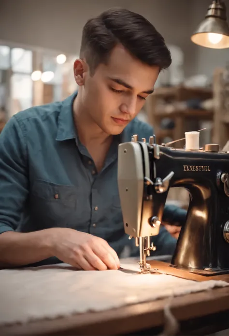 A young man sewing cloth inside shop in a sewing machine 