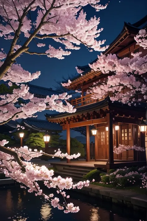 highest quality、Cherry blossoms at night、Cherry tree in full bloom、full moon、petal、light up、beautiful、fantasy