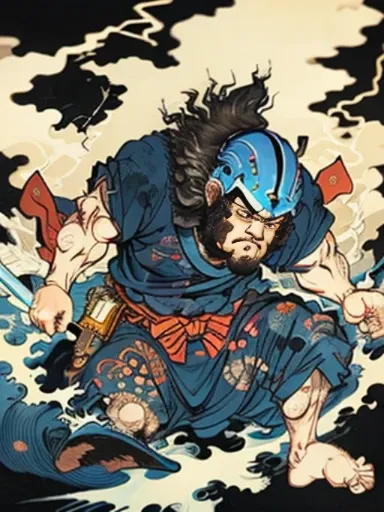 A man wearing dark blue work clothes is shirtless and wearing a helmet.，has a long beard，Floating world style，KHD，simple background，（angry look），master piece，KHD、wrapped in electricity