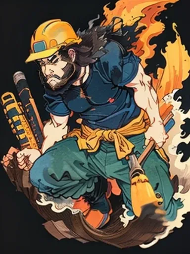 A man wearing dark blue work clothes is shirtless and wearing a construction helmet.，has a long beard，Floating world style，KHD，simple background，（angry look），master piece，KHD、Wearing the wind、He carries do-it-yourself tools on his waist.