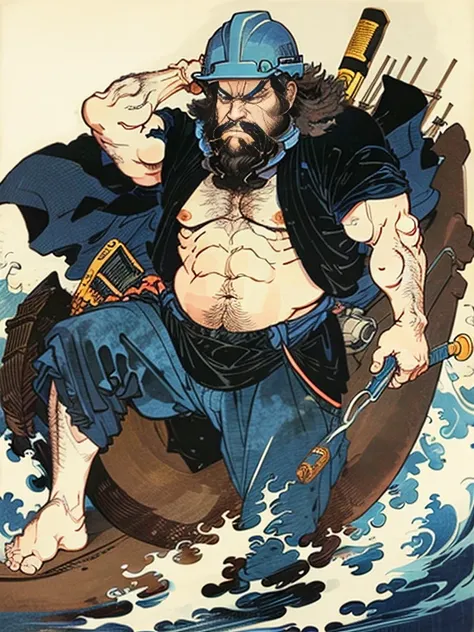 a man wearing dark blue work clothes is shirtless and wearing a construction helmet.，has a long beard，floating world style，khd，s...