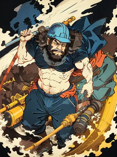 a man wearing dark blue work clothes is shirtless and wearing a construction helmet.，has a long beard，floating world style，khd，s...