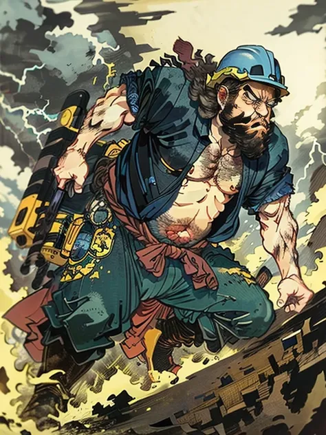 A man wearing dark blue work clothes is shirtless and wearing a construction helmet.，has a long beard，Floating world style，KHD，simple background，（angry look），master piece，KHD、wrapped in electricity、He carries do-it-yourself tools on his waist.、thunderstorm...