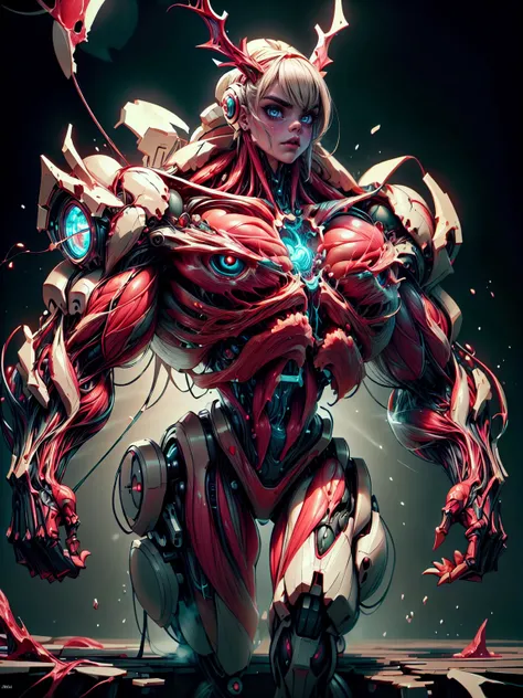 Cinematic, clear facial features and insanely detailed, the image captures the essence of cara delevingne as a muscular red skinless bio-mecha succubus with gigantic demon horns, carnage skinless muscular physique & carnage bio-mecha suit. The color gradin...