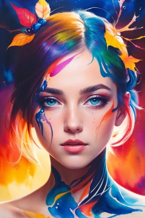 (8k, best quality, masterpiece:1.2),(best quality:1.0), (ultra highres:1.0), watercolor, a beautiful woman, shoulder, hair ribbons, by agnes cecile, half body portrait, extremely luminous bright design, pastel colors, (ink:1.3), autumn lights