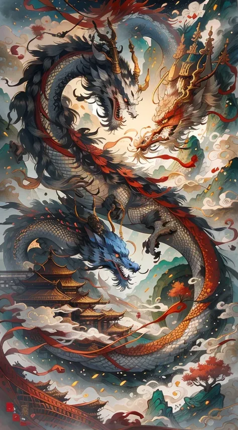 chinese dragon ancient chinese painting， chinese background， mountains， rios， xiangyun， exhibition hall， sunlight， masterpiece， ...