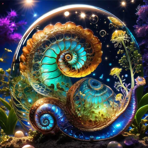 luminous object, aesthetic, extremely detailed, (transparent:1.5) glass snail shell filled with (bioluminescent:2) plants : luminous opalescent : Insanely detailed beautiful snail with glass shell : meticulously detailed filigree snail shell : bioluminesce...