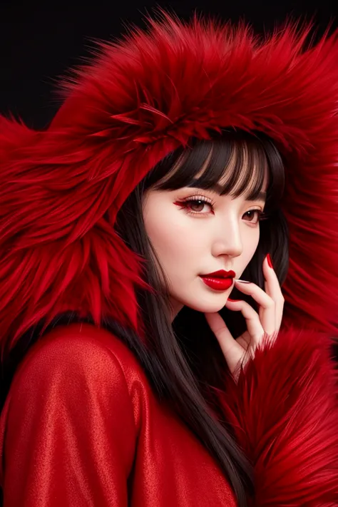 wear a red coat、a naughty woman with red lipstick and red feathers, wearing red fur, red fur, wearing red fur cloak, high fashio...