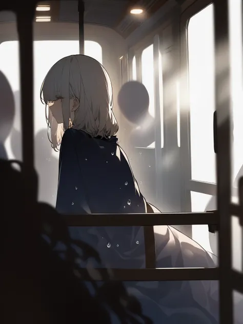 ((Masterpiece), absurd quality, 16k, 1 girl with short hair, wearing a dark blue coat, she is sitting inside a long, poorly lit subway. In the carriage, at the very back, in a dark corner poorly lit by a blinking light , a Kaonashi character, is translucen...