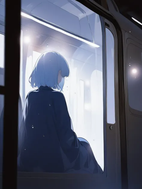 ((Masterpiece), absurd quality, 16k, 1 girl with short hair, wearing a dark blue coat, she is sitting inside a long, poorly lit subway. The perspective camera shows the entire carriage. In the carriage, in the very back, in a dark corner poorly lit by a fl...