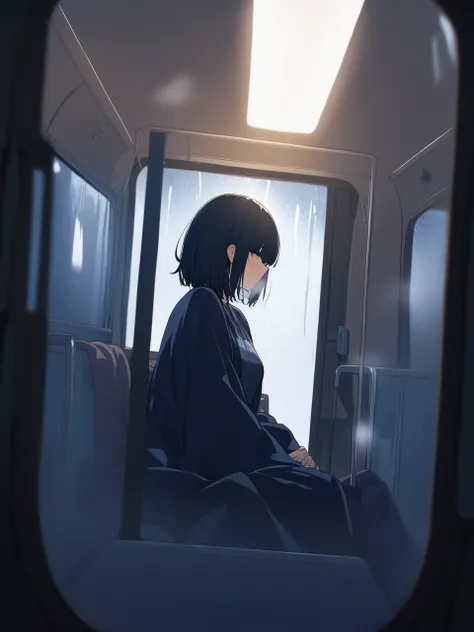 ((Masterpiece), absurd quality, 16k, 1 girl with short hair, wearing a dark blue coat, she is sitting inside a long, poorly lit subway. The perspective camera shows the entire carriage. In the carriage, in the very back, in a dark corner poorly lit by a fl...