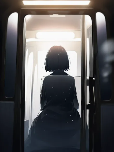 ((Masterpiece), absurd quality, 16k, 1 girl with short hair, wearing a dark blue coat, she is sitting inside a long, poorly lit subway. The perspective camera shows the entire carriage. In the carriage, in the very back, in a dark corner poorly lit by a fl...