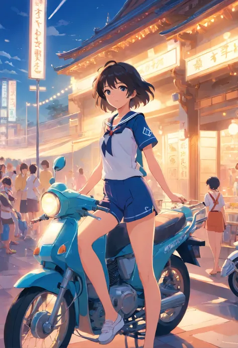 palace, girl, sailor suit, summer vacation,motorcycle,