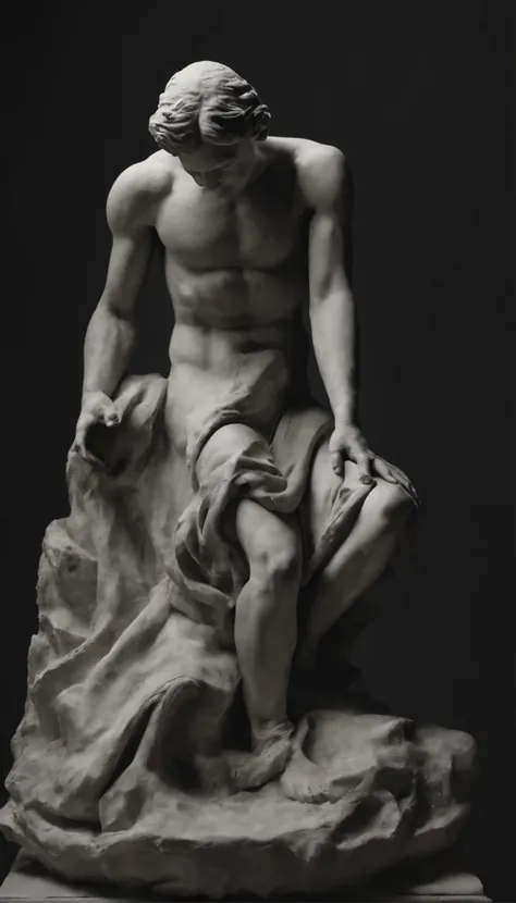 Statue made of plaster, artistically representing the body perfectly, in movement, being transformed into dust by wind and movement, many particles and it is defragmenting
 melancholic, grayscale, extremely detailed, cinema-quality image