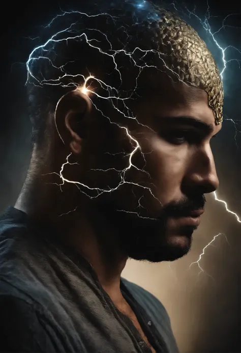 A man with a shiny head and a lightning bolt sticking out of his head, It attracts lightning, Personality of mind, Nootropic stimulant, Projection of consciousness, detailed Glowing head, أعجوبة nervousة, Excess, Glowing head, Circles are visible in the he...