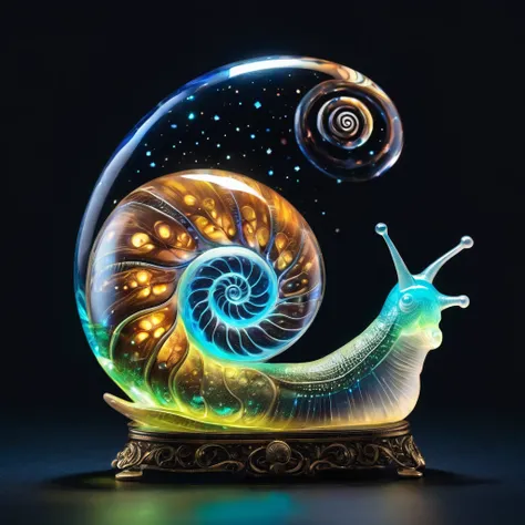 luminous object, aesthetic, extremely detailed, (transparent:1.5) glass snail shell filled with (bioluminescent:2) plants : luminous opalescent : Insanely detailed beautiful snail with glass shell : meticulously detailed filigree snail shell : bioluminesce...