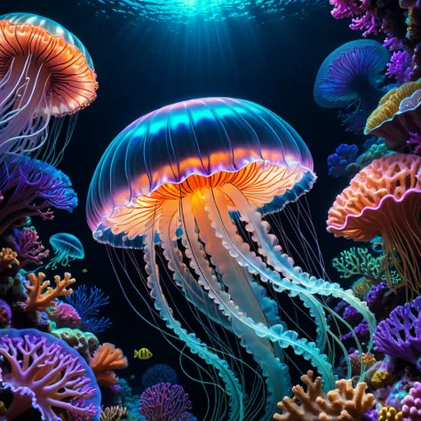 luminous object, aesthetic, extremely detailed, "PATCHWORK EMBROIDERY": UV BLACK LIGHT LINE ART PAINTING OF A BEAUTIFUL TRANSLUCENT JELLYFISH under the sea, marine fishe, colorful corals, by WETA FX and industrial light and magic, intricate elaborate RTX e...