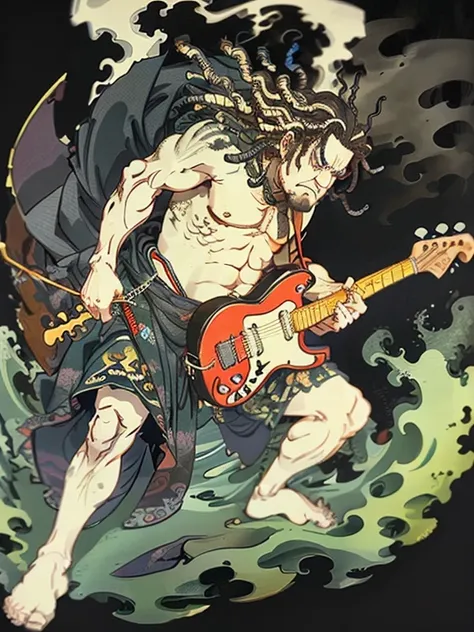 A man with dreadlocks is playing the guitar shirtless，gray hair，Floating world style，KHD，simple background，（angry look），master piece，KHD、