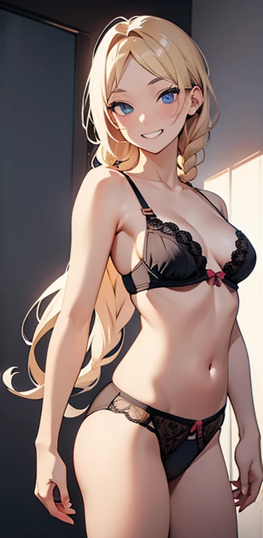 Realistic、1house wife、blonde hair、braid、blue eyes、(eye focus:1.3,face focus,upper body),(gradient eyes:1.3),(sexy bra ,sexy panties
)、(grin:1.3),(single braid),cute face、teeth、(tareme:1.3),(small breasts:1.3),