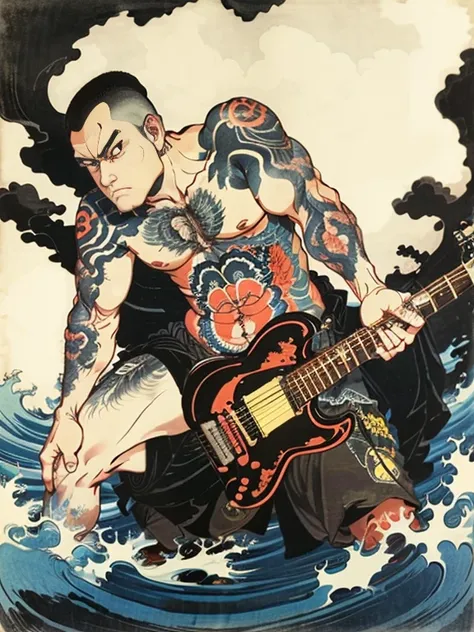 A man with a shaved head is shirtless and plays a black acoustic guitar，buzz cut，Floating world style，KHD，simple background，（angry look），master piece，KHD、japanese tattoos
