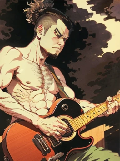 A man with a shaved head is shirtless and plays a black acoustic guitar，buzz cut，Floating world style，KHD，simple background，（angry look），master piece，KHD、
