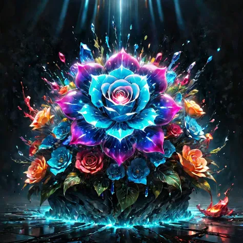 luminous object, aesthetic, extremely detailed, Neon glowing Crystal rose bioluminescent neon light rays, exploding bright light, bursting light, Epic cinematic brilliant stunning intricate meticulously detailed dramatic atmospheric maximalist digital matt...