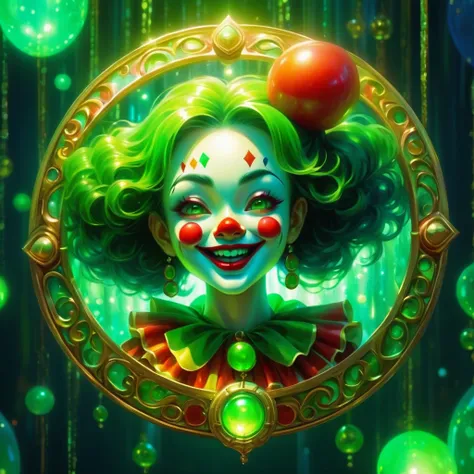 abstract art, a jade medallion that shines very brightly, a cheerful clown girl, the medallion emits a strong green light. very detailed, 4k quality