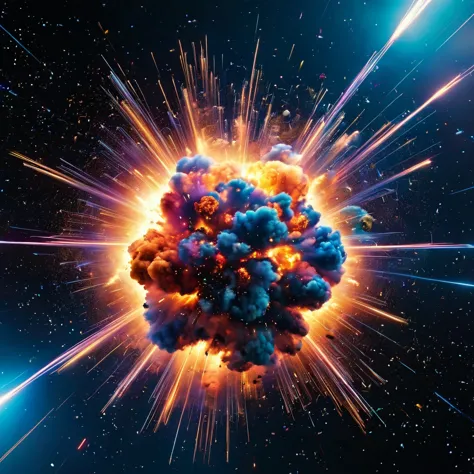 an explosion between two neutrons, very detailed, 8k quality, light trails and thousands of pieces of different colors that scat...