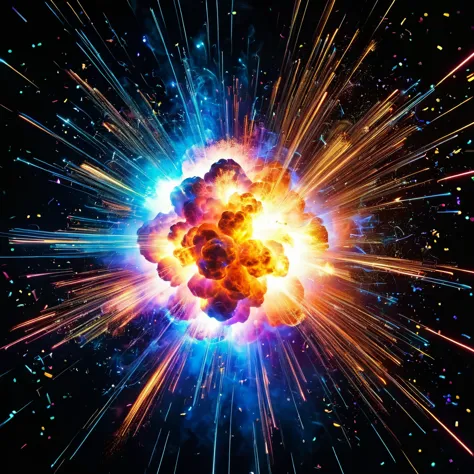 an explosion between two neutrons, very detailed, 8k quality, light trails and thousands of pieces of different colors that scat...