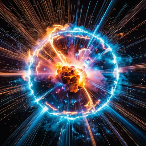 two exploding neutrons with intense detail, 8k quality, capturing the exact moment of the explosion. light trails streak across ...