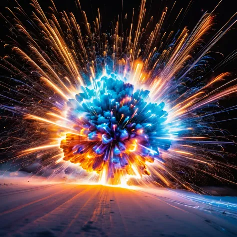 Two exploding neutrons with intense detail, 8k quality, capturing the exact moment of the explosion. Light trails streak across the scene, leaving a mesmerizing trail of color. Thousands of vibrant pieces of varying colors scatter in all directions, frozen...