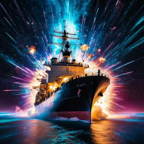 a ship exploding in the cosmos, very detailed, 8k quality, light trails and thousands of pieces of different colors that scatter after the explosion, a stop-frame image,