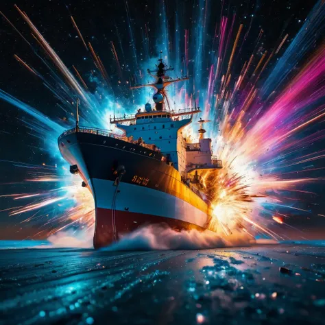 a ship exploding in the cosmos, very detailed, 8k quality, light trails and thousands of pieces of different colors that scatter after the explosion, a stop-frame image,