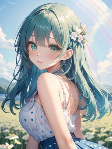 Take a photo from the front、The arrival of spring、big butt、 (alone:1.5,)Super detailed,bright colors, very beautiful detailed anime face and eyes, look straight, ;d, shiny_skin,girl, (((rainbow colored hair, colorful hair, Half blue、半分はpinkの髪: 1.2),)) 、for...