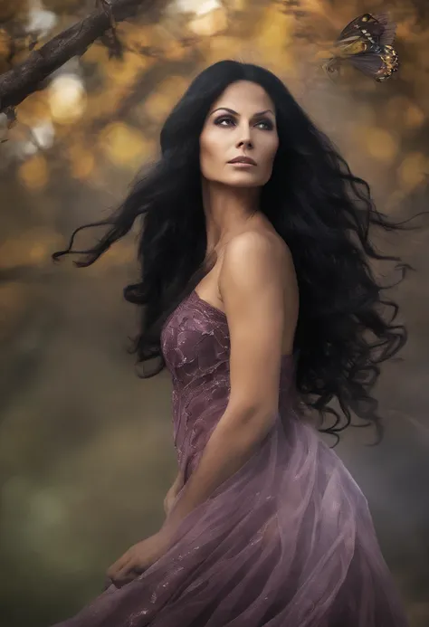 A beautiful Caucasian woman, 45 years old. triangular face, long black hair flying in the wind, intelligent and determined look, full body, large breasts, dark skin, naked, naked, without clothes, feeling of energy, disposition, Cinematic: color image