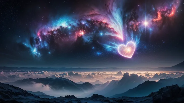 ((Light bluish white tone，Holding a transparent heart with nebula and galaxy inside，emit intense light))，The Tyndall effect, ethereal light, ((magical atmosphere + masterpiece, magical environment，best quality，32k，Extremely complex and exquisite details))