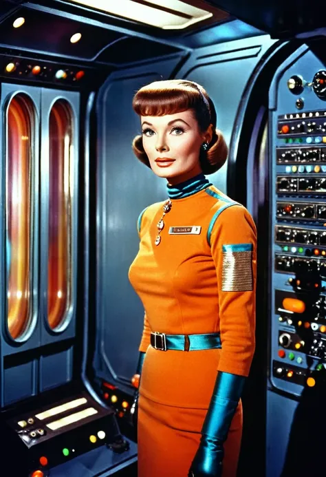 (((INNER IMAGE of a spaceship))) Internal image of an old starship from a 1960s TV series, Lost in Space, Republic series, Irwin Allen TV Show, science fiction, Star style colorful uniforms Trek and Lost in Space, retro look, Vintage, old style, PERFECT FA...