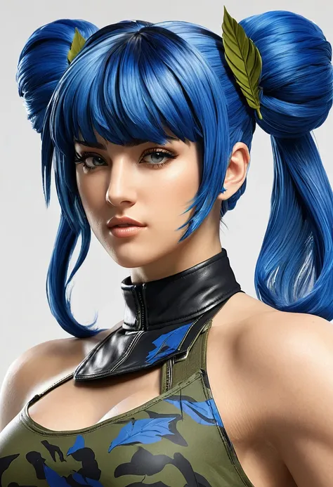 "Create a stunning depiction of Leona Heider, the fierce warrior from SNKs KOF XV, with her signature blue hair styled in a center bun and loose bangs. Show her in her military attire, adorned with a camouflage leaf print, ready for battle."