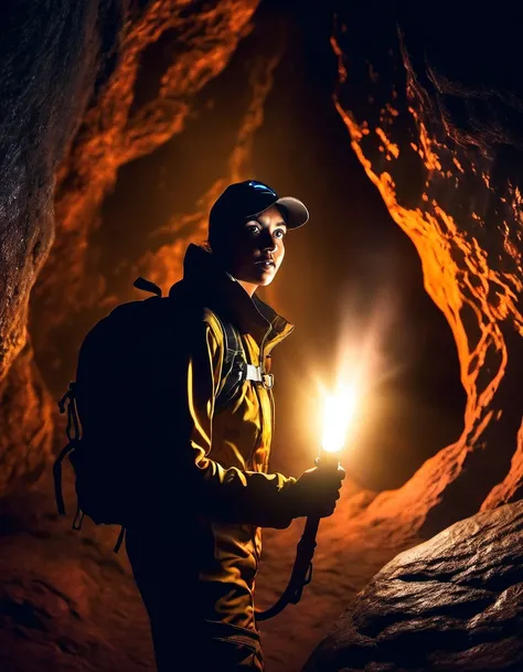 An explorer holding a torch in a deep down dark cave