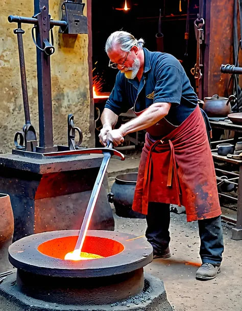 An ironsmith doing his job on a very hot red iron to make a sword