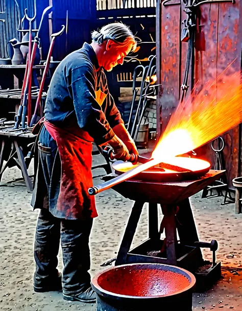 An ironsmith doing his job on a very hot red iron to make a sword