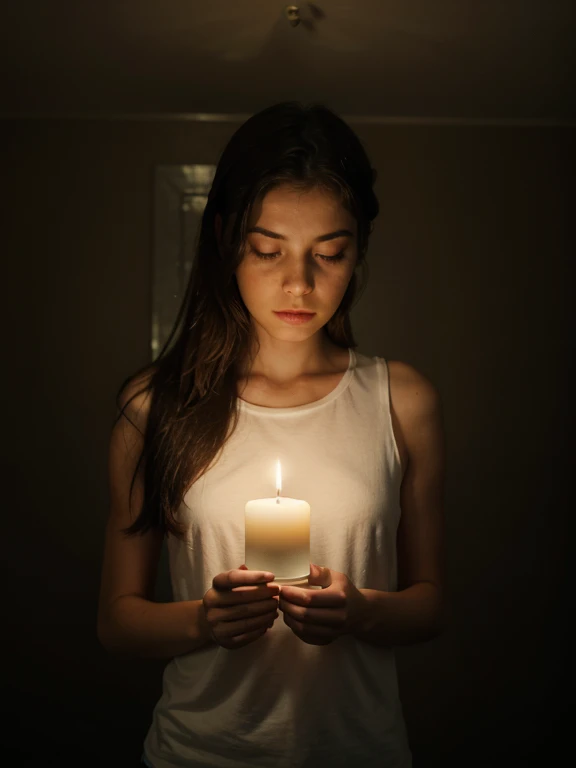 A girl holding a candle in a dark place 