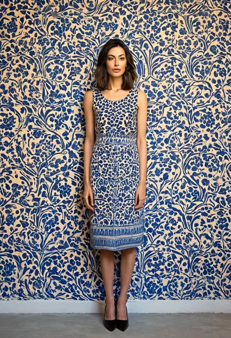 A woman whose pattern on the wall is the same as the pattern on her clothing, and who appears to blend in with the wall,