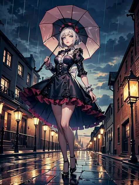 Delicately portrayed hands, masterpieces, extremely detailed depiction, extremely delicate picture, 1girl, ((umbrella), (delicate umbrella), (princess dress), ((Crinoline skirt)), bow on head, gothic style, waist seal, gothic style, big skirt, cute, beauti...