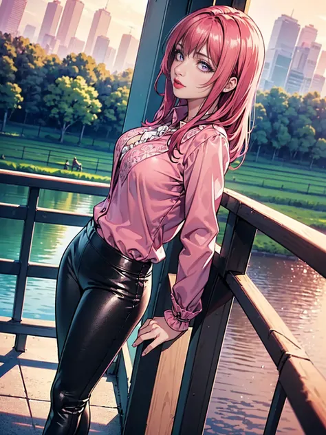 ((solo, 1woman, TakashiroHiroko, dark purple eyes, red hair, pink lipstick, Extremely detailed, ambient soft lighting, 4k, perfect eyes, a perfect face, perfect lighting, a 1girl)), ((solo, (1woman, pink lipstick), Extremely detailed, ambient soft lighting...