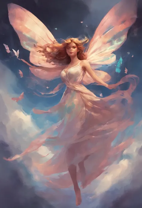 2female faeries, wizards, butterfly wings, flying high among the clouds, soft, short, tight dresses, looking at something to the right of the camera, magic wands on their hands, curly loose hair floating with the wind