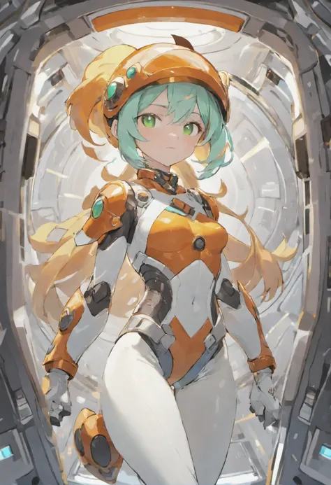 1girl,solo,Sala,original,full face helmet,face visible through helmet ,green eyes,white body suit,orange heavy armor,cowboy shot,in space station,Science fiction,ultra-detailed,sharp focus,aesthetic,(best quality)