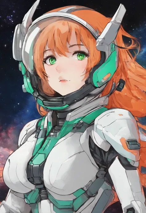 1girl,solo,Sala,original,full face helmet,face visible through helmet ,green eyes,white body suit,orange heavy armor,cowboy shot,in space station,Science fiction,ultra-detailed,sharp focus,aesthetic,(best quality)